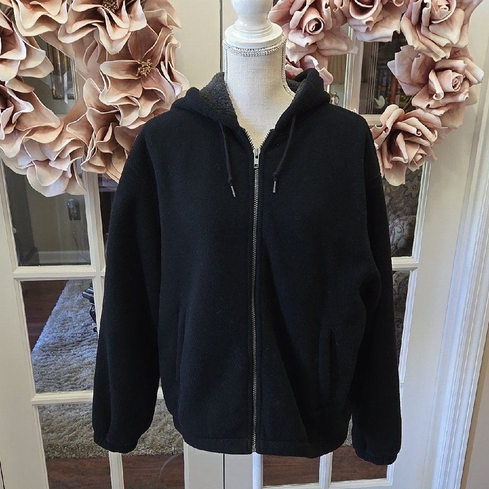 Eddie Bauer Polartec Black Zip-Up Fleece Hoodie Gray Inside Zip Front Large EUC